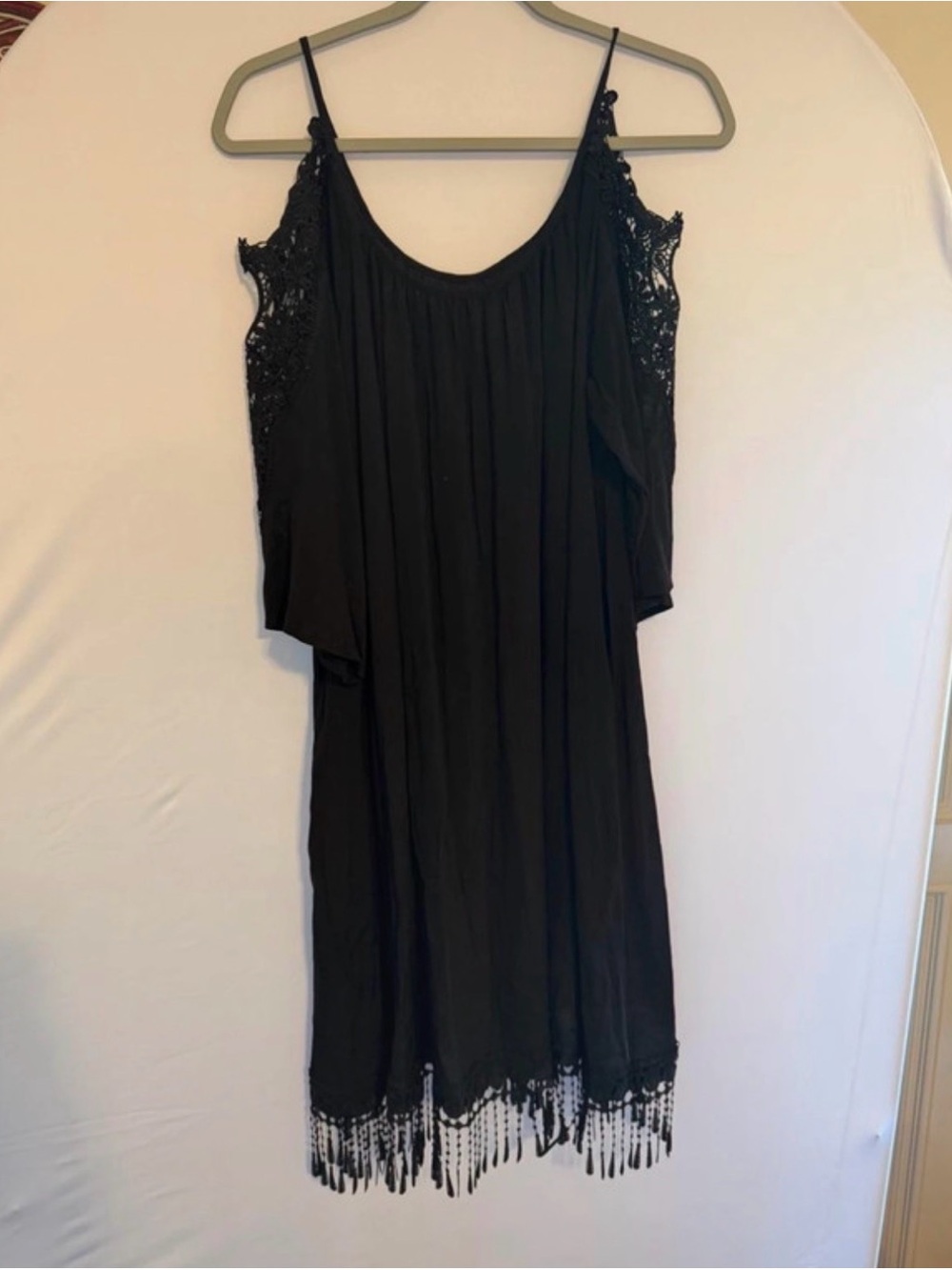 Black Cold-Shoulder Mini Dress with Lace & Fringe
